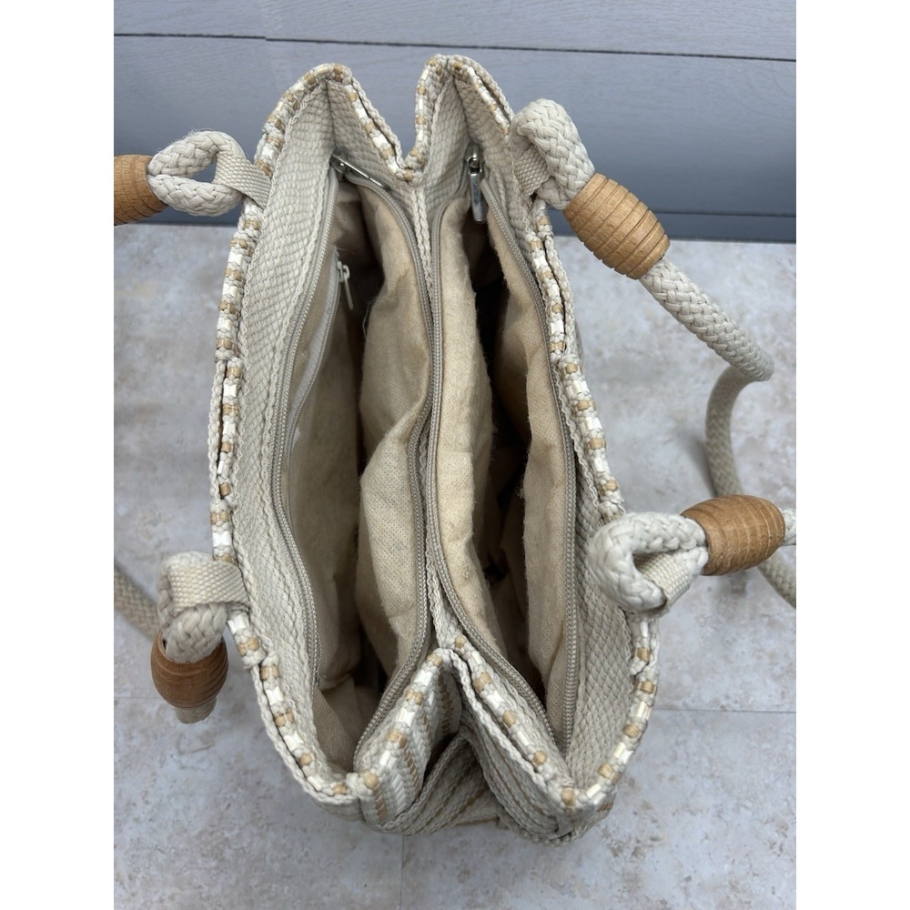 Vintage Handbag White & Brown Straw Woven Purse Rope Handles Made In Italy - Picture 6 of 10